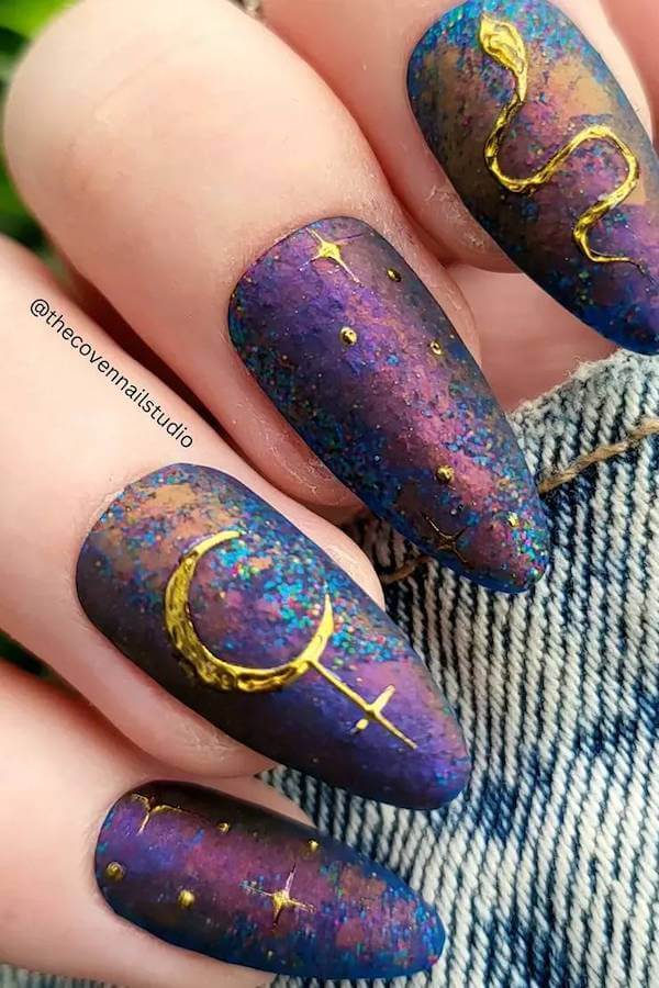 Purple Galaxy Nails with Gold Moon and Snake Accents