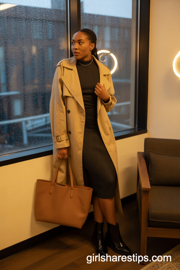 Beige trench coat with black dress and ankle boots