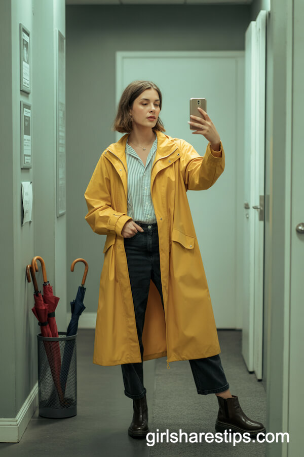 Yellow raincoat with striped blouse and jeans