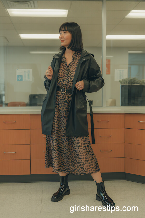 Leopard dress with black raincoat and Chelsea boots