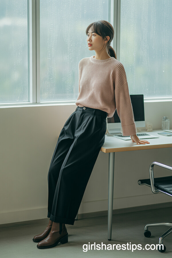 Pink knit top with black trousers and ankle boots
