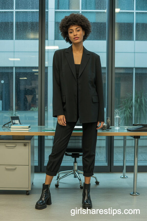 Black suit with cigarette pants and heeled boots