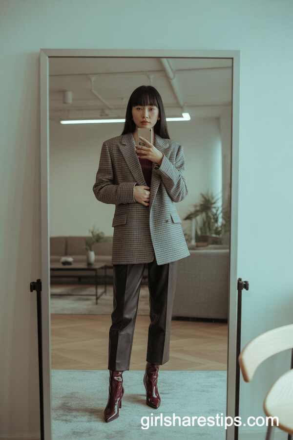 Plaid blazer with trousers and knee-high boots
