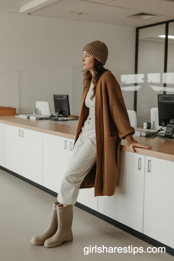 Duster cardigan with grey pants and rain booties