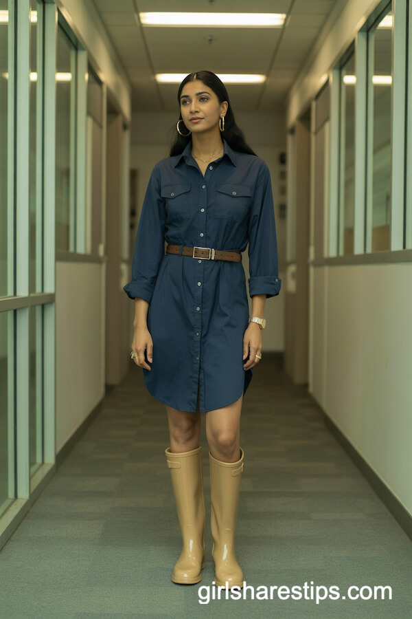 Shirt dress with rain boots and hoop earrings