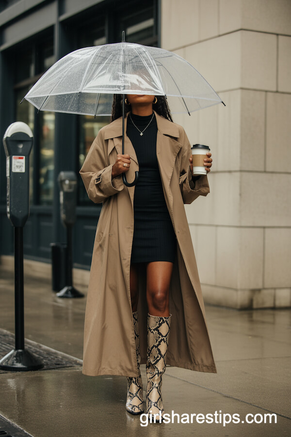 Beige trench coat with snakeskin boots