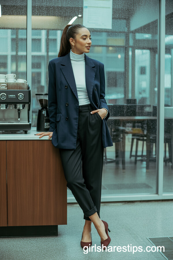 Navy blazer with white turtleneck and black pants
