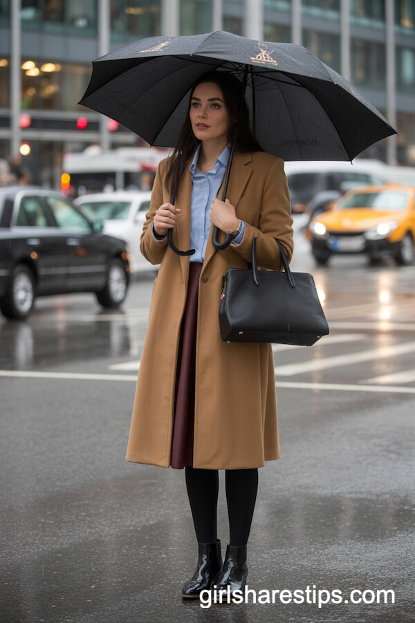 Tailored coat with blue shirt and skirt