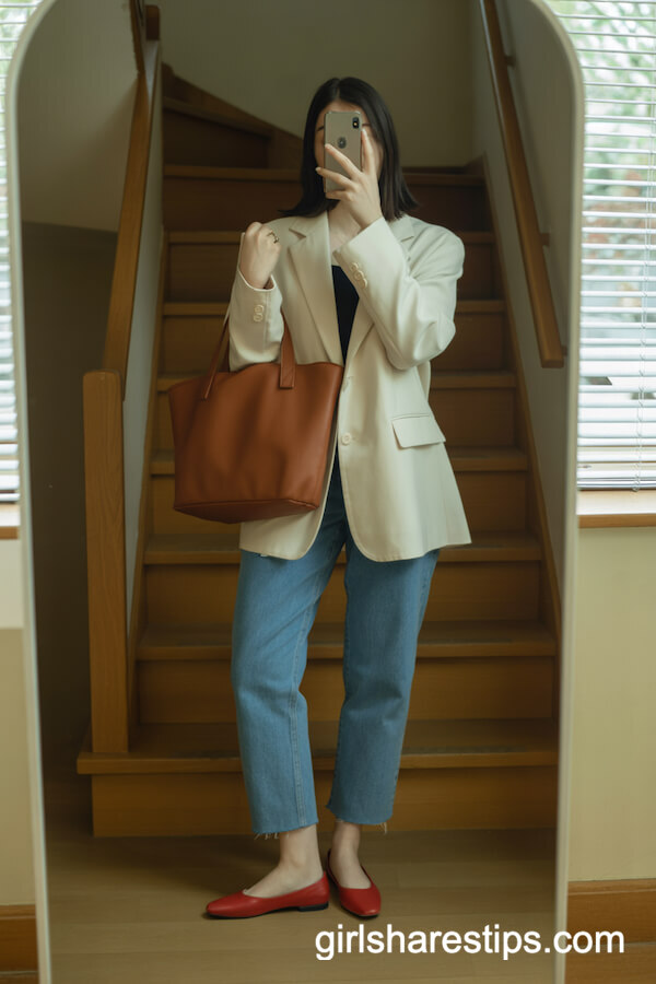 Cream blazer with jeans and red flats