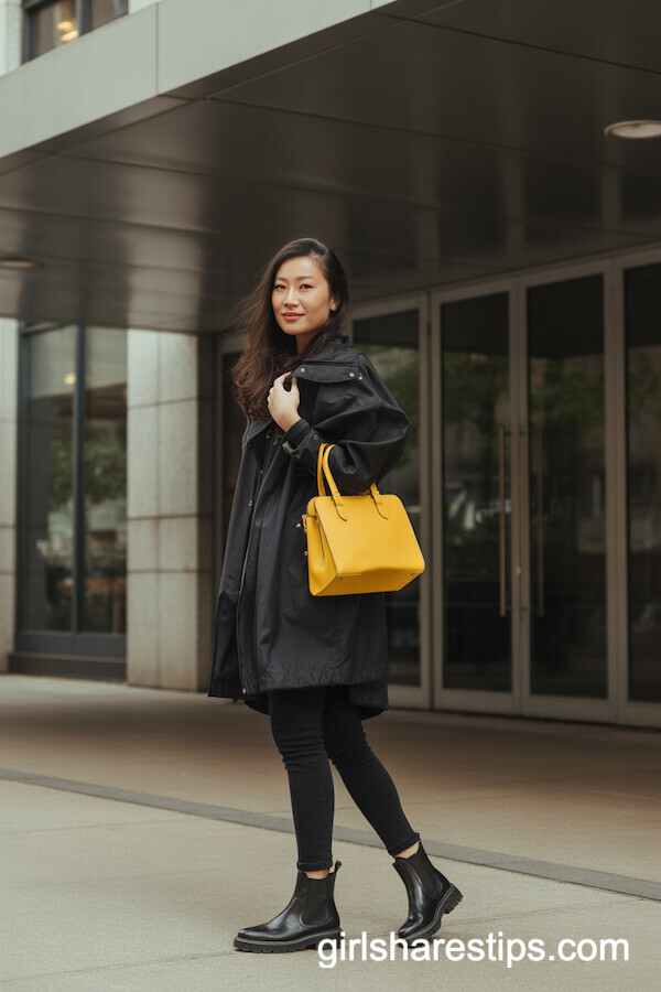 Black waterproof trench with skinny pants and Chelsea boots