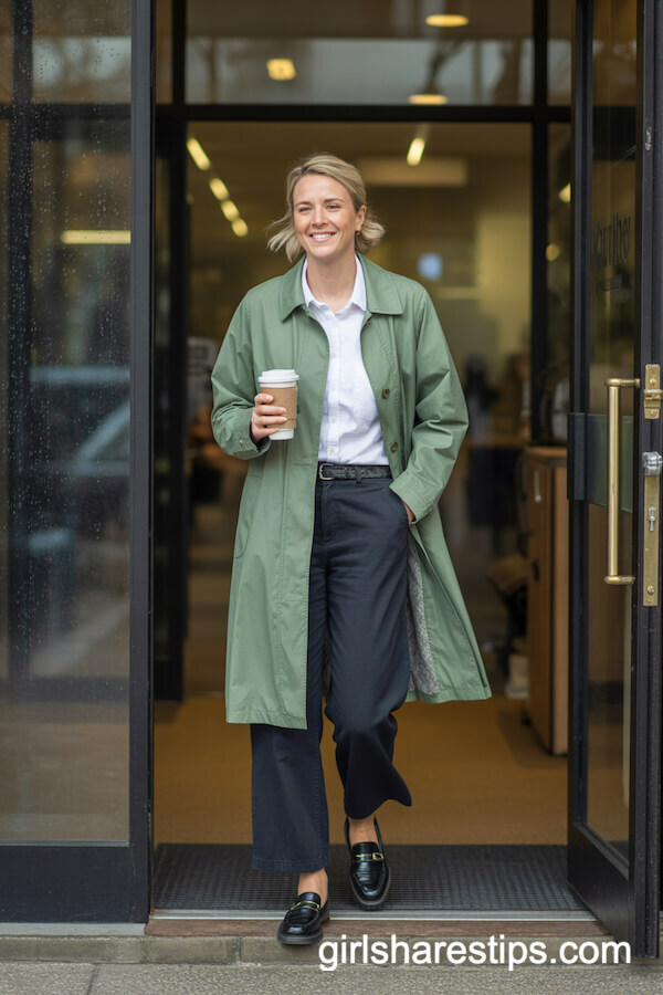 Green raincoat with black trousers and loafers