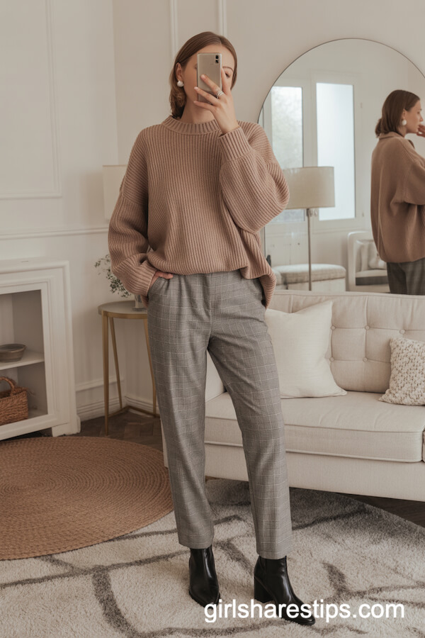Oatmeal sweater with plaid trousers and ankle boots
