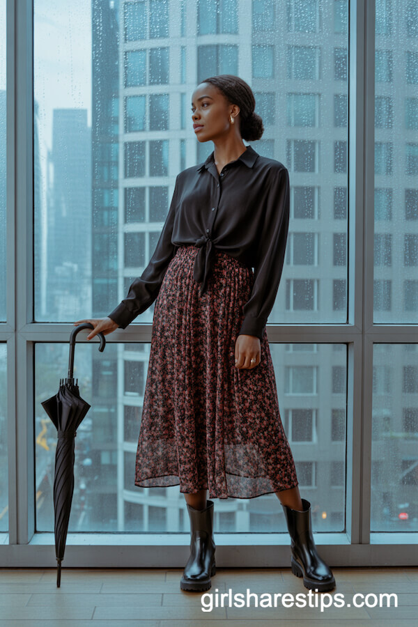 Floral skirt with blouse and waterproof booties