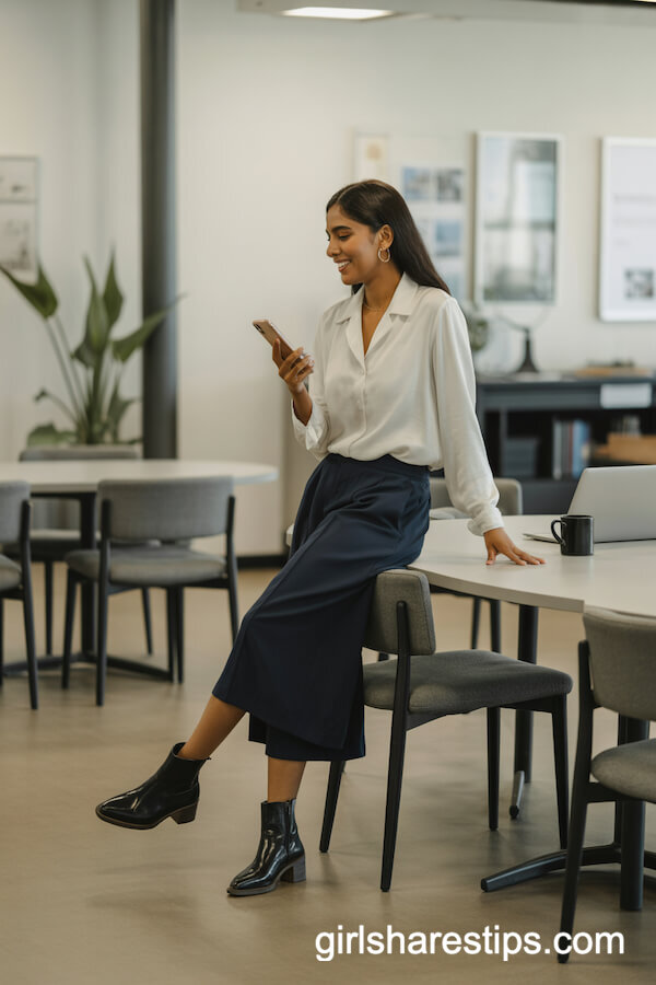 White blouse with culottes and ankle boots
