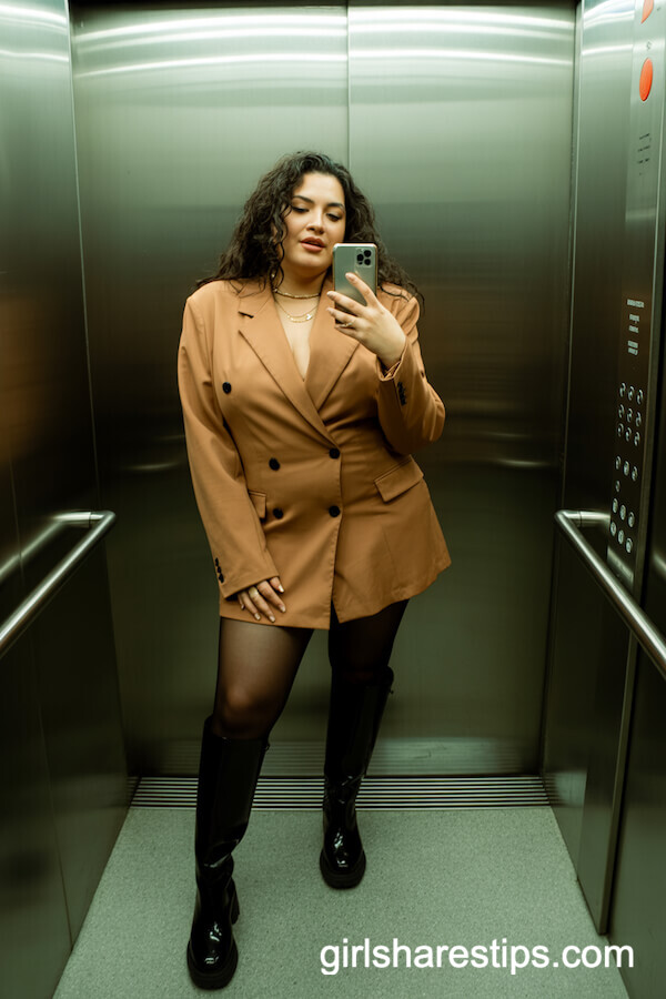 Blazer dress with tights and knee-high boots