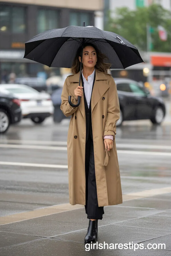 Classic Tan Trench Coat and Black Boots