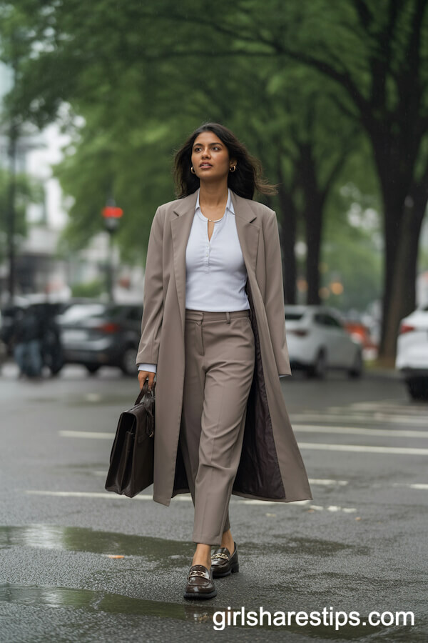 Taupe Longline Blazer Suit with Waterproof Loafers