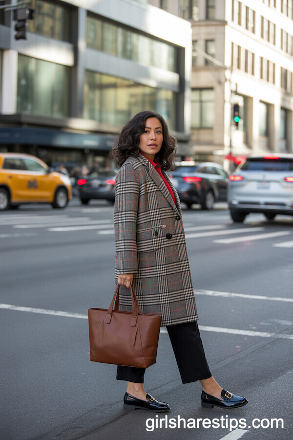 Checked Plaid Coat with Black Slacks and Navy Loafers