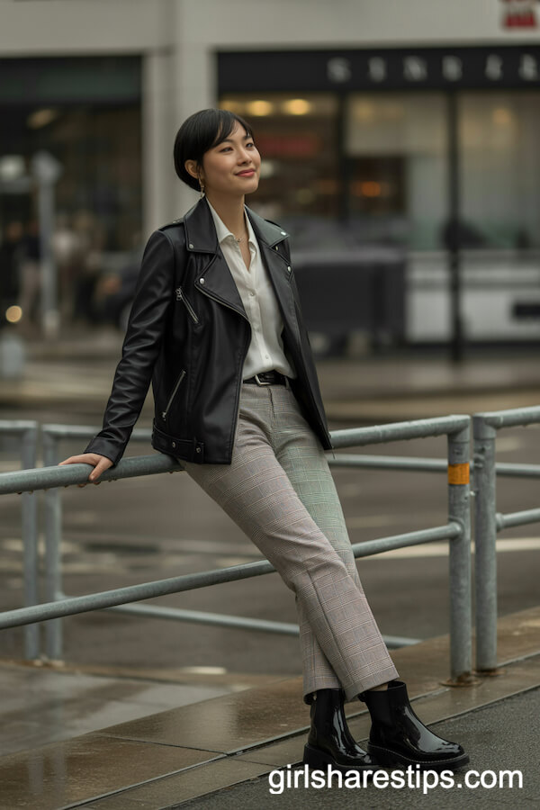 Black Leather Jacket with Plaid Trousers and Rain Boots