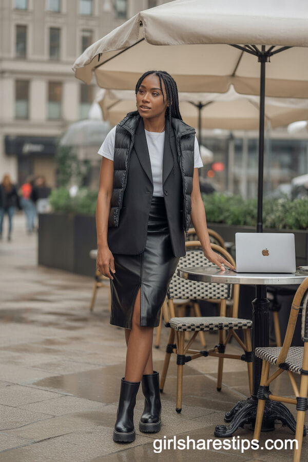 Blazer and Puffy Vest Paired with a Pencil Skirt and Ankle Boots