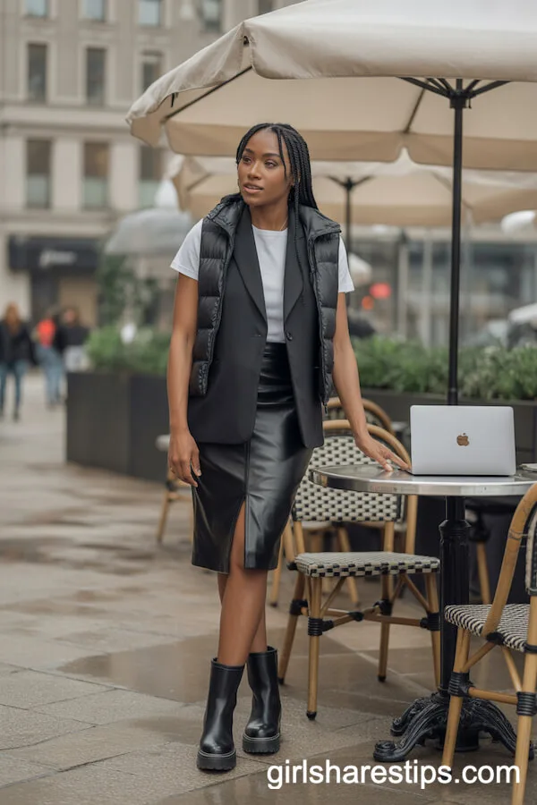 Blazer and Puffy Vest Paired with a Pencil Skirt and Ankle Boots