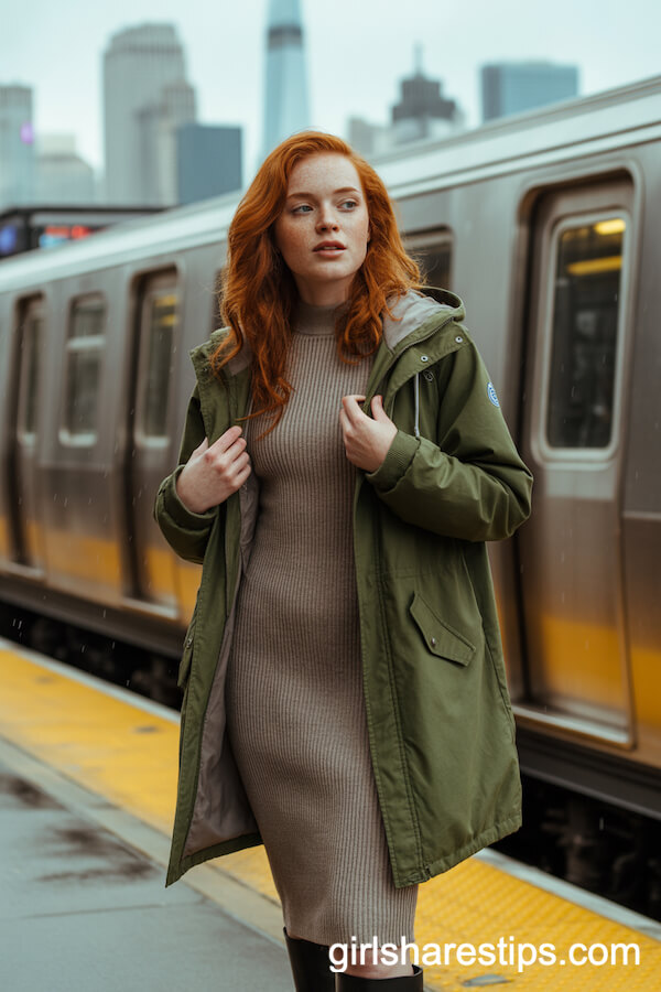 Olive Green Parka Over a Knit Midi Dress and Knee-High Boots