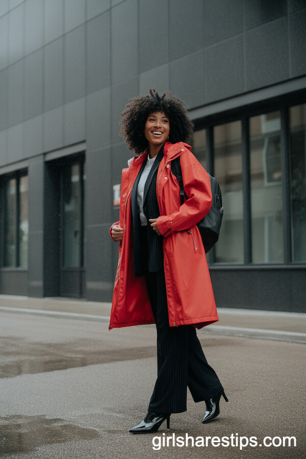 Bright Red Raincoat Over an All-Black Work Outfit