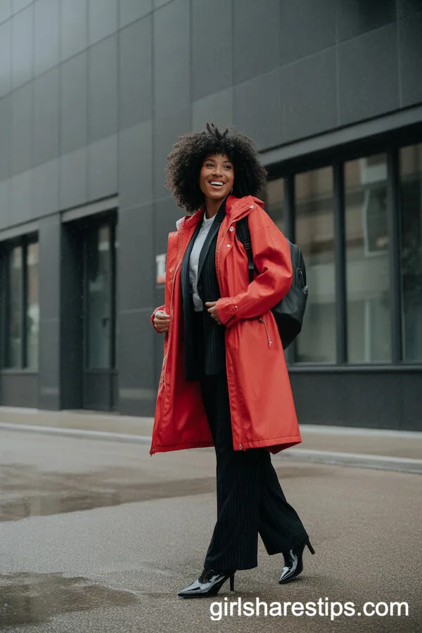 Bright Red Raincoat Over an All-Black Work Outfit