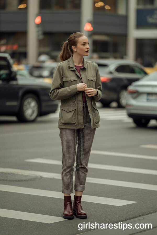 Utility Jacket with Checkered Trousers and Burgundy Boots