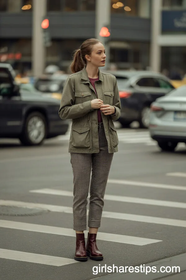 Utility Jacket with Checkered Trousers and Burgundy Boots