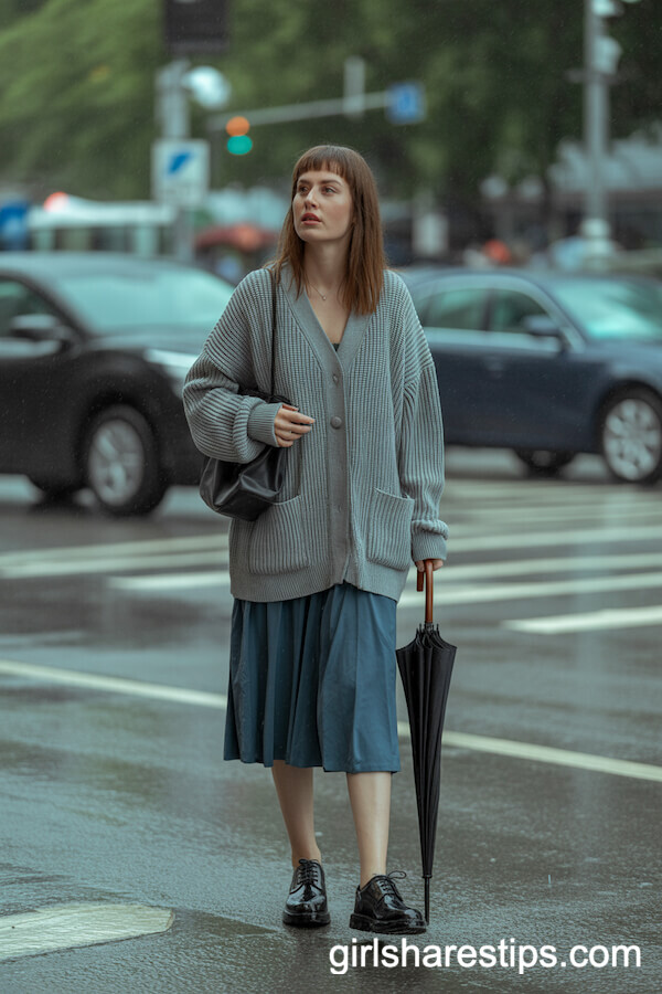 Oversized Gray Cardigan with a Knee-Length Skirt and Waterproof Oxfords