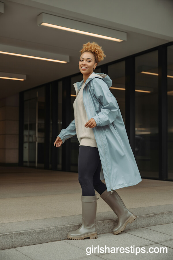 Pale Blue Rain Shell Cream Sweater Tall Rain Boots