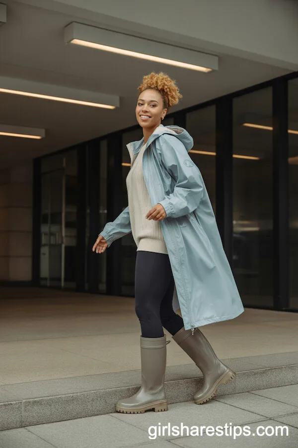 Pale Blue Rain Shell Cream Sweater Tall Rain Boots