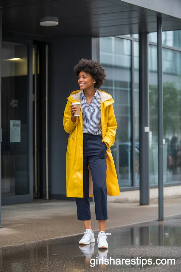 Bold Yellow Raincoat with Striped Blouse and Sneakers