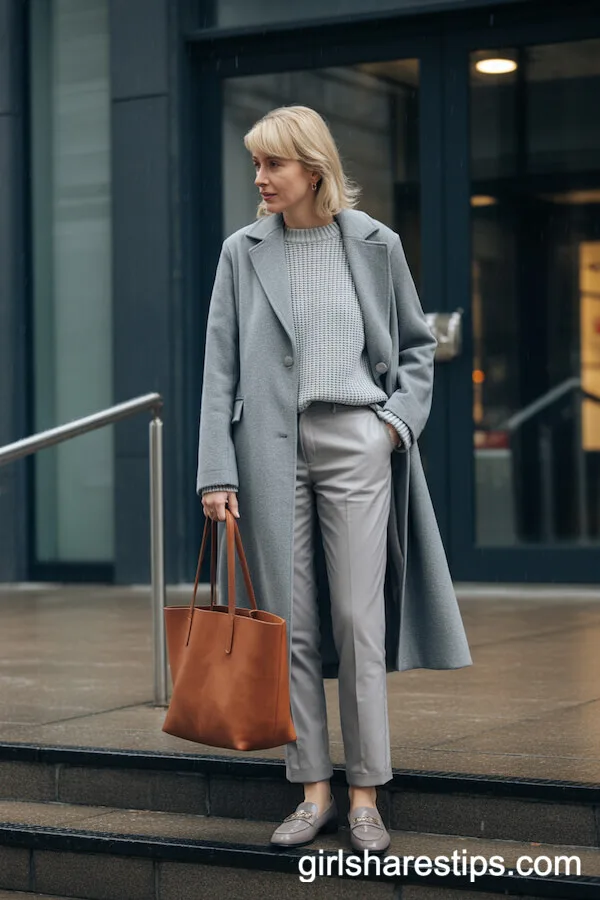 Monochrome Gray Layers: Wool Coat, Sweater, and Slim Pants