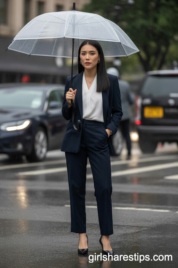 Sleek Navy Pantsuit with a White Blouse and Pumps