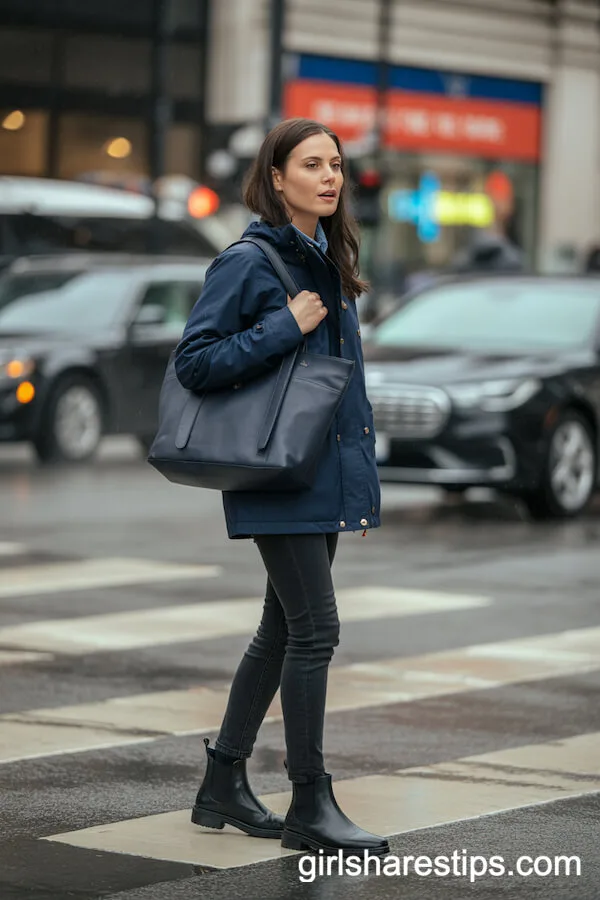Navy Waterproof Jacket and Chelsea Boots with Skinny Jeans