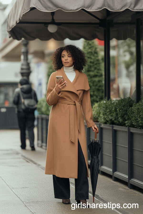 Belted Camel Wrap Coat with Wide-Leg Pants and Block-Heeled Boots