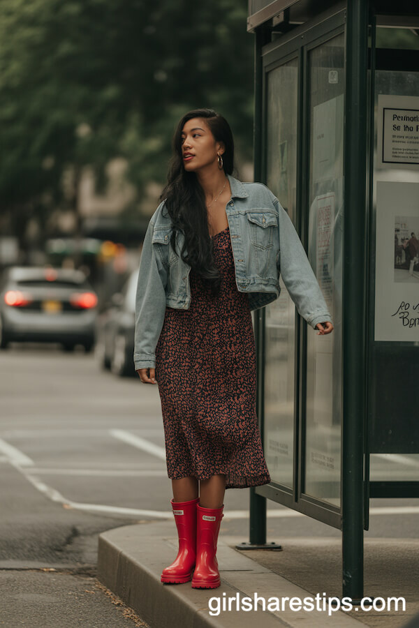 Chunky Red Rain Boots with Print Midi Dress and Cropped Denim Jacket