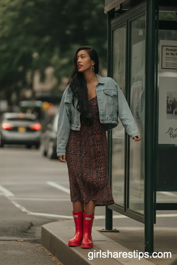 Chunky Red Rain Boots with Print Midi Dress and Cropped Denim Jacket