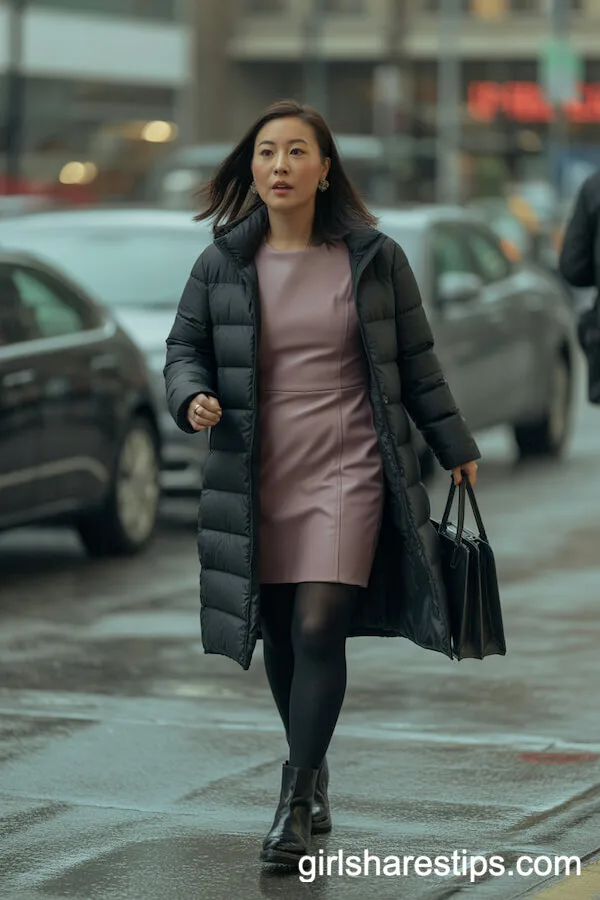 Fitted Black Puffer Coat Over a Mauve Dress and Booties