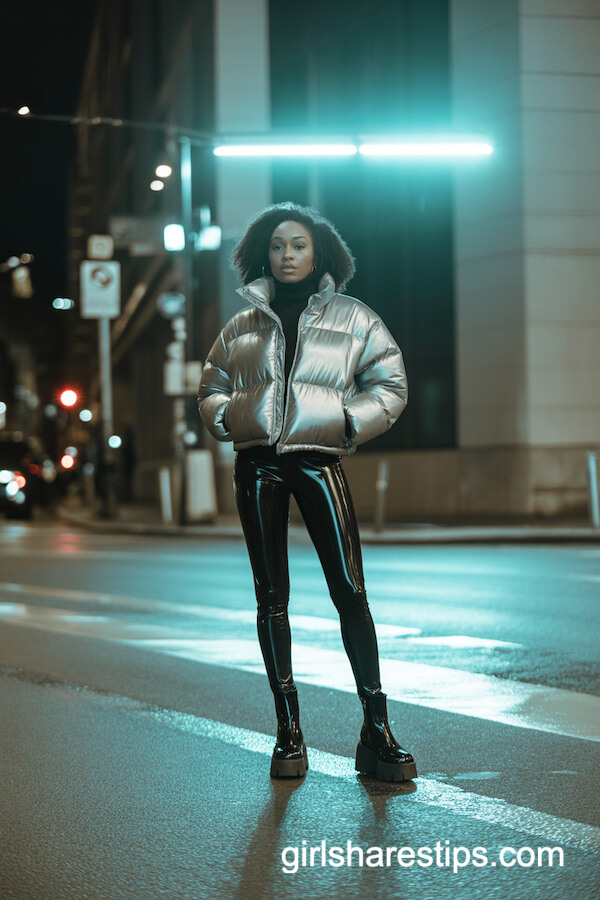 Silver Puffer Jacket + Vinyl Leggings + Platform Boots