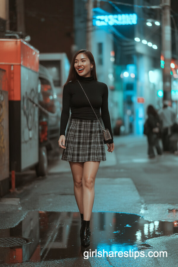 Black Turtleneck + Plaid Mini Skirt + Heeled Boots