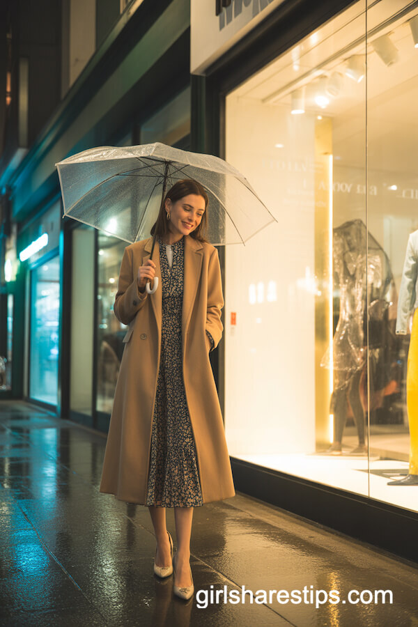 Beige Wool Coat + Floral Midi Dress + Pointed Heels