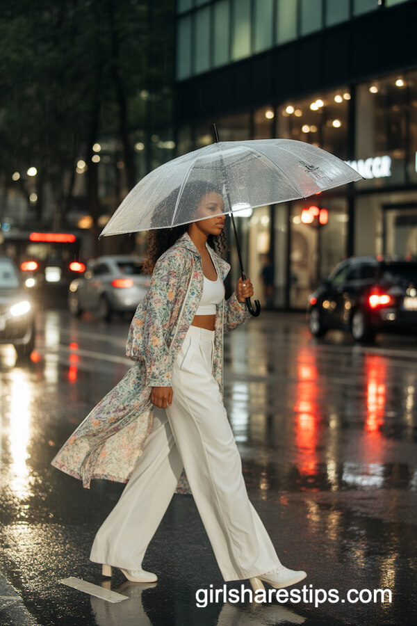 Floral Raincoat + White Wide-Leg Pants
