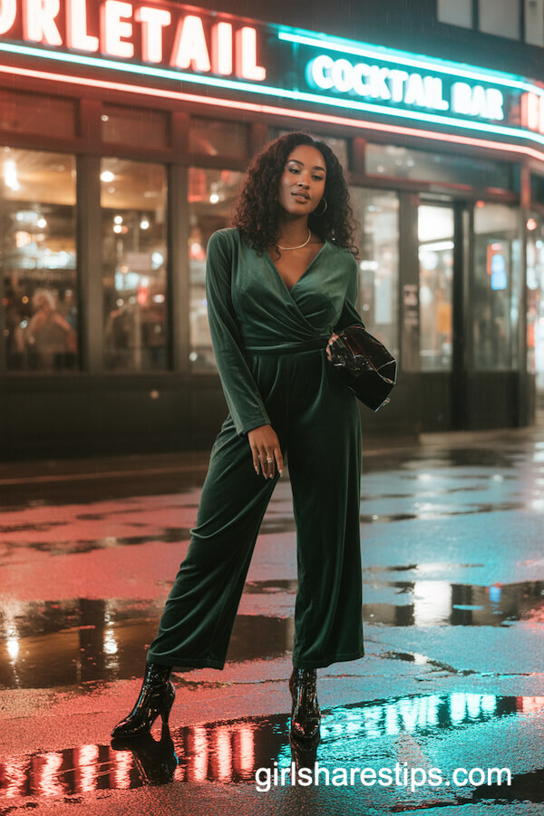 Green Velvet Jumpsuit + Patent Heeled Boots