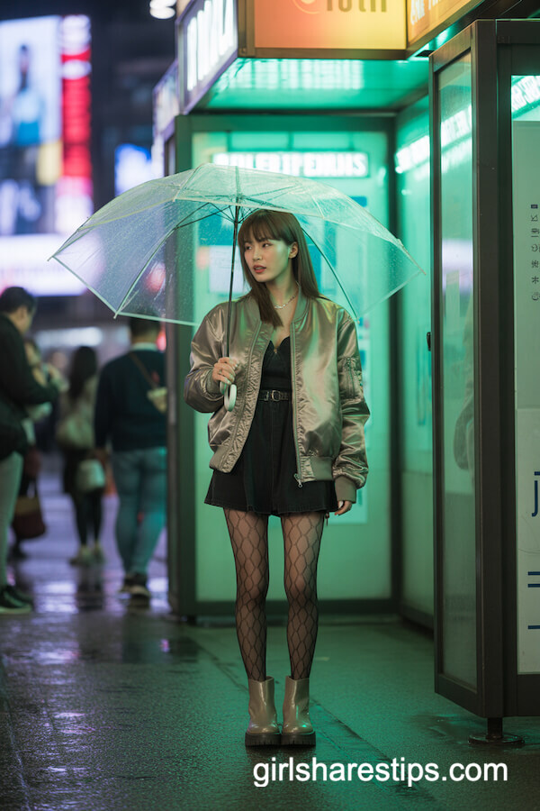Bomber Jacket + Mini Dress + Patterned Tights