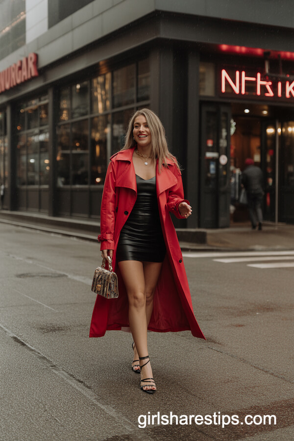 Red Trench Coat + Black Mini Dress + Strappy Heels