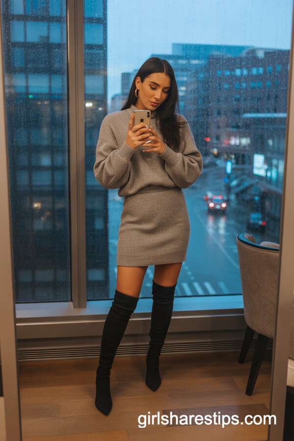 Grey Knit Mini Dress + Over-the-Knee Boots