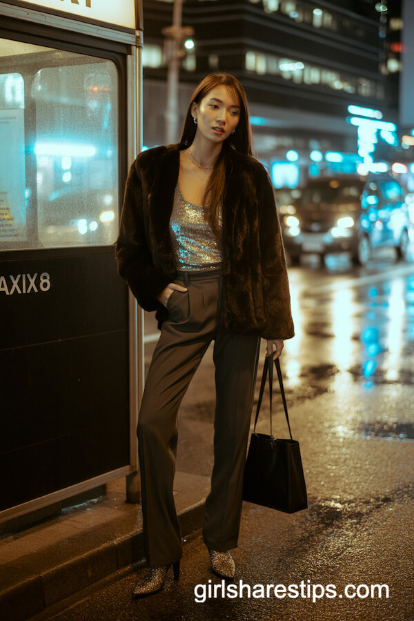 Sequin Top + Faux Fur Jacket + Tailored Pants